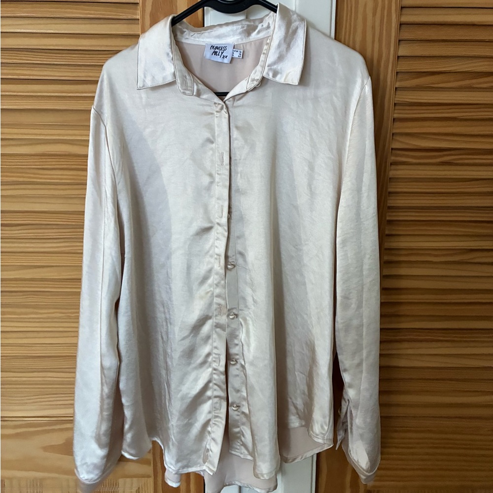 Princess Polly Cream Satin Button-Up Shirt size 12